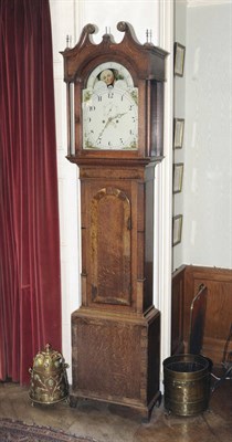 Lot 550 - An Oak and Burr Oak Crossbanded Eight Day Longcase Clock, circa 1820, case with swan neck pediment