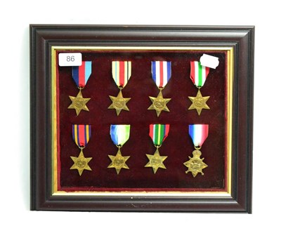 Lot 86 - A Framed Display of Eight First/Second World War Stars, comprising 1914-15, 1939-45, Atlantic,...