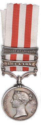 Lot 110 - An Indian Mutiny Medal 1858, with two clasps LUCKNOW and RELIEF OF LUCKNOW (set in that order),...