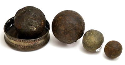 Lot 147 - A Stone Cannonball, 2 1/4 in diameter approx., and three further iron examples, respectively 1...