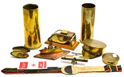 Lot 156 - Eight Items, First World War Brass and Copper Trench Art, comprising a tank on a wood base, 19.5 cm