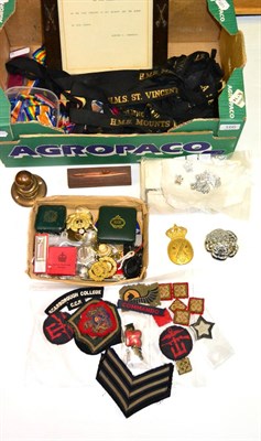 Lot 166 - A Quantity of Militaria, including a large quantity of medal ribbons, Royal Navy cap talleys, cloth