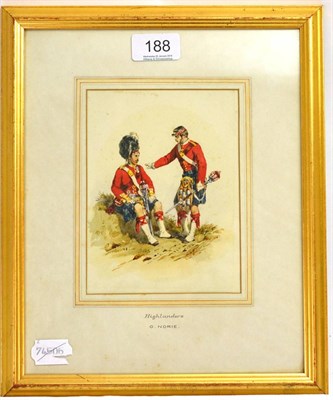 Lot 188 - Orlando Norie (1832-1901), Highlanders, watercolour, signed lower right, titled on the mount, 16 cm