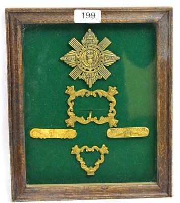 Lot 199 - The Queen's Body Guard Scotland - a display of a copy of a shako plate, with the buckle, two...