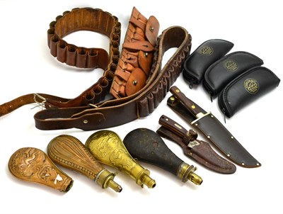 Lot 201 - Four Various Shot Flasks (damages and losses); three leather bandoliers including a pouch...