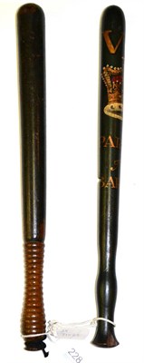 Lot 228 - A Victorian Ebonised Beech Truncheon, painted in red, white and gilt with V R over a crown,...