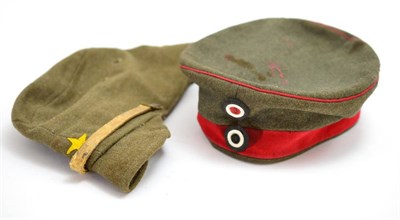 Lot 229 - A Japanese Second World War EM/NCO's Side Cap, in drab olive green wool, with three stitched...