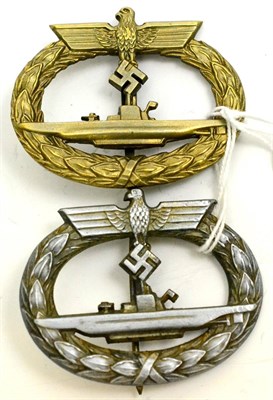 Lot 289 - A German Third Reich U-Boat War Badge, with vertical needle shape pin and  with worn gilt...