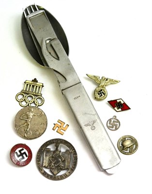 Lot 295 - A German Third Reich Aluminium Travelling Eating Set, comprising knife, fork, spoon and tin opener