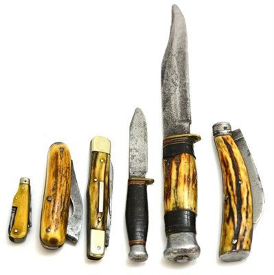 Lot 355 - Six Various Knives, comprising a hunting Knife, with Sheffield made blade and antler grip; a...