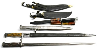 Lot 363 - Four Bayonets:- two German M1898 sword bayonets, one with scabbard; an Ersatz bayonet with Turkish?