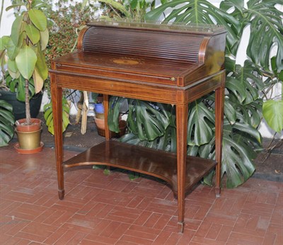 Lot 584 - A Sheraton Revival Mahogany and Boxwood Strung Tambour Front Writing Desk, early 20th century,...