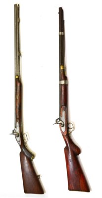 Lot 484 - Two 19th Century Indian Percussion Muskets, each with wood half stock with semi pistol grip,...