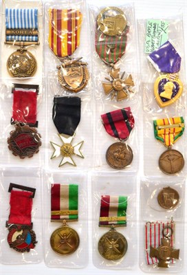 Lot 17 - A Collection of Fourteen Medals, including US Purple Heart, UN Korea Medal, French Croix de...