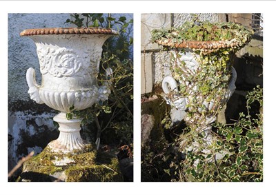 Lot 599 - A Pair of White Painted Cast Iron Campana Garden Urns, late 19th century, with gadrooned rims,...