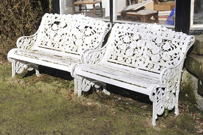 Lot 600 - A Pair of Coalbrookdale Cast Iron Small Garden Benches, circa 1875, with nasturtium leaf and flower