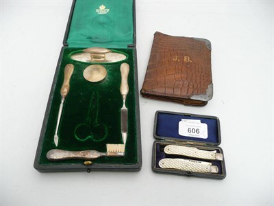 Lot 606 - A Silver Part Manicure Set, retailed by Asprey & Co; Two Silver and Mother-of-Pearl Pen Knives,...