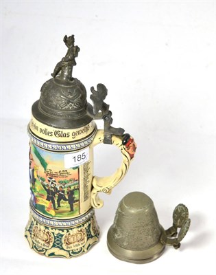 Lot 185 - An Imperial German Cream Pottery Beerstein, moulded with infantryman around a campfire and charging