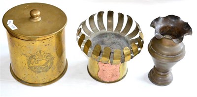 Lot 199 - Three Pieces of First World War Brass Trench Art, comprising a jardiniere made from a German...