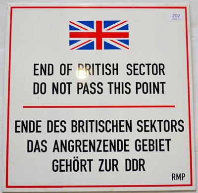 Lot 202 - A Post Second World War Enamelled Berlin Wall Sign, with a Union Jack over the inscription ";END OF