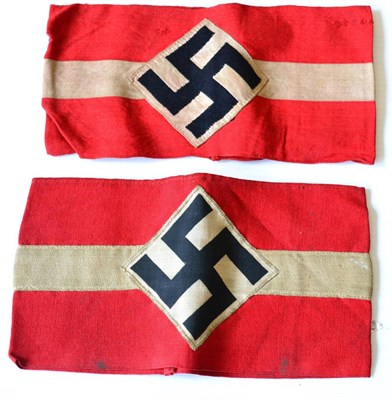 Lot 249 - A German Third Reich Hitler Youth Armband, of three piece construction, the red linen ground...