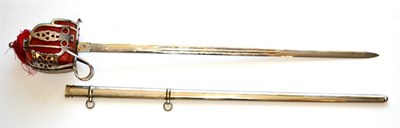 Lot 310 - A Copy of a Scottish Basket Hilt Broadsword, the 80.5cm double edge steel blade laser etched...