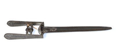 Lot 365 - An 18th Century Indian Katar, the 32cm steel blade with strapwork strengthening bar at the ricasso