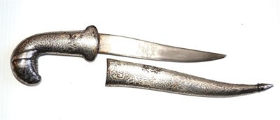 Lot 380 - An Indian Small Dagger, the 11.5cm single edge curved steel blade inlaid with silver script,...