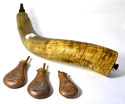 Lot 399 - A Large 19th Century Cow Horn Powder Flask, with turned wood filler nozzle and cover with screw...