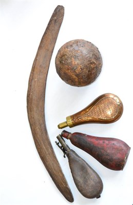 Lot 401 - A Cast Iron Cannon Ball, 5inches diameter (18lb); a Copper Powder Flask by G & J W Hawksley,...