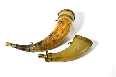 Lot 402 - An 18th Century Powder Horn,  with white metal mounts engraved with scrolling foliage, with...