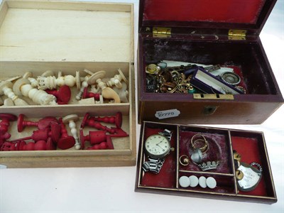 Lot 634 - Assorted Chess Pieces; A Box of Jewellery; A Watch etc