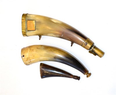 Lot 421 - An Early 19th Century Powder Horn, with brass pull-off cover/measure, brass base and two suspension