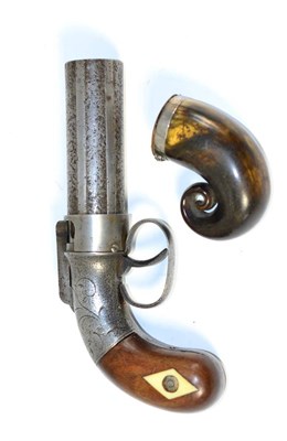 Lot 478 - A 19th Century Six Shot Pepperbox Revolver, with 8.5cm cylinder, bar hammer, tendril engraved...