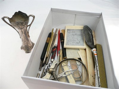 Lot 641 - A Box of Sundries, including pens, early knives, magnifying glass, vesta etc