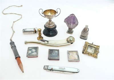 Lot 647 - A Bosun's Whistle; A Silver Trophy Cup; A Silver Holder; A Seal Stamp; A Silver Pencil Holder;...