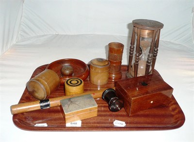 Lot 648 - Tray of Various Treen Pieces, including an hour glass, small musical box, turned wooden bowl,...