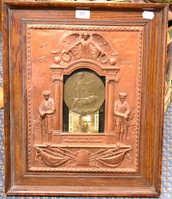 Lot 29 - A First World War Memorial Plaque, to JOHN HENRY CROSS, set into a glazed oak display frame...