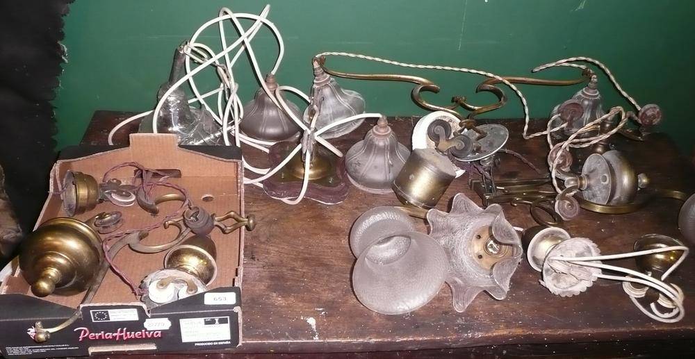 Lot 653 - Assorted Rise and Fall Light Fittings, Wall Lights and Shades