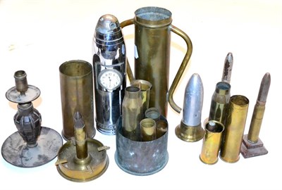 Lot 80 - A Quantity of Trench Art, including a timepiece made from a chromed shell, a candlestick made...