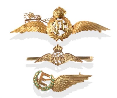 Lot 91 - A Royal Flying Corps Sweetheart Brooch, in 15 carat gold, with safety chain; a Similar Smaller...