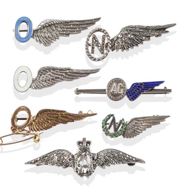 Lot 93 - An RAF Pilots Wings Sweetheart Brooch, in silver and marcasite; six RAF Aircrew Sweetheart...