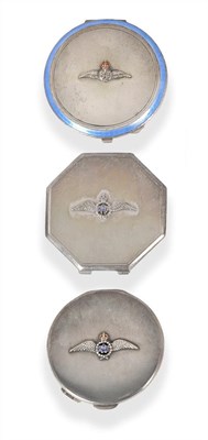 Lot 98 - Three Second World War Silver and Enamel RAF Powder Compacts, two of circular form, the other...