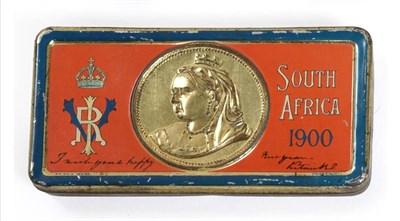 Lot 122 - A Boer War South Africa Christmas Tin, with original contents of chocolate in silver foil...