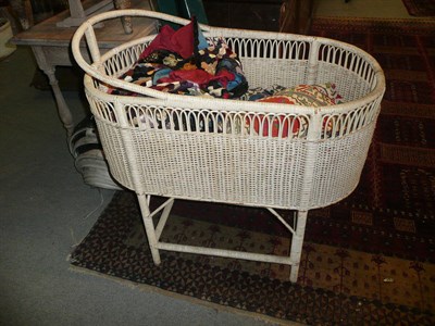 Lot 658 - A Patchwork Quilt, A Wicker Cradle, Pair of Floral and Pink Lined Curtains and Two Basket Chairs