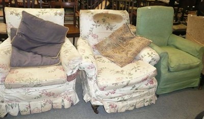 Lot 662 - Two Victorian Easy Chairs, with floral loose covers; and An Edwardian Easy Chair, with green...