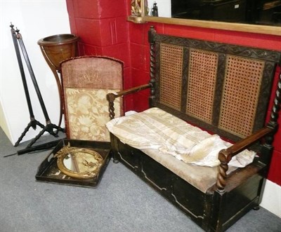 Lot 669 - A 1920's Barleytwist Hall Seat, with caned back and padded seat, Edwardian jardiniere stand,...