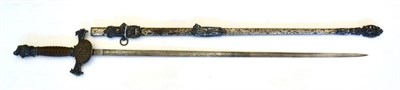 Lot 312 - An American Knights of Pythias Sword, the 76cm double edge steel blade etched with foliage, figures