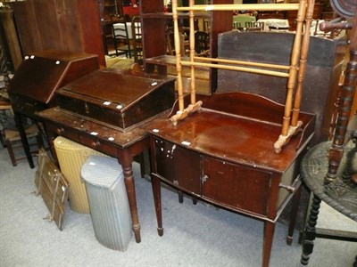 Lot 680 - A Mahogany Washstand, with three-quarter gallery; A Pine Towel Rail; A Stained Pine Writing...