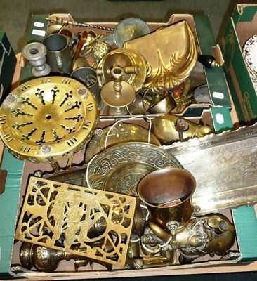 Lot 699 - Two Boxes of Metalware, including brass trivets, candlesticks, pewter candlesticks, brass bells etc